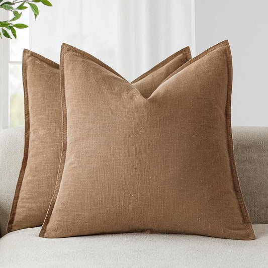 Foindtower Pack of 2, Decorative Linen Soild Throw Pillow Covers Soft Accent Cushion Case Boho Farmhouse Pillowcase for Chair Couch Sofa Bedroom Living Room Home Decor 22 x 22 Inch Light Khaki Brown
