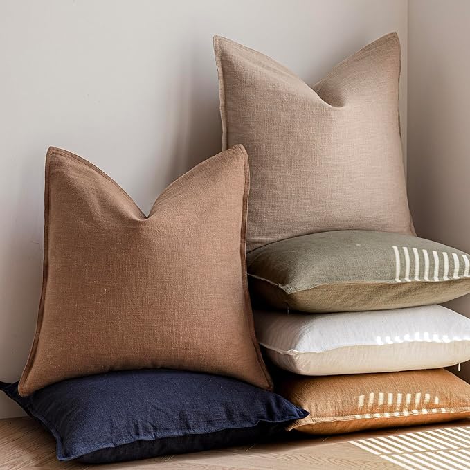 Foindtower Pack of 2, Decorative Linen Soild Throw Pillow Covers Soft Accent Cushion Case Farmhouse Neutral Pillowcase for Chair Couch Sofa Bedroom Living Room Home Decor 24 x 24 Inch Tan Beige