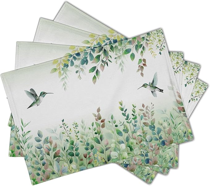 Giwawa 4PCs Hummingbird Placemats for Kitchen Dining, Spring Summer Sage Green Eucalyptus Leaf Herb Botanical Washable Linen Place Table Mat 12x18in for Tabletop Holiday Party Picnic Decor