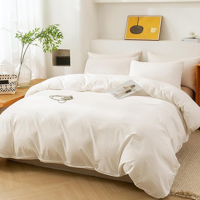 ECOCOTT White Duvet Cover Queen Size, 100% Washed Cotton 1 Duvet Cover with Zipper and 2 Pillowcases, Ultra Soft and Easy Care Breathable Bedding Set (White, Queen)