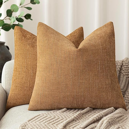 Foindtower Set of 2 Soft Textured Chenille Throw Decorative Pillow Covers Square Accent Solid Cushion Cover Neutral Farmhouse Pillow Case for Couch Sofa Bedroom Living Room 20x20 Inch,Golden Brown
