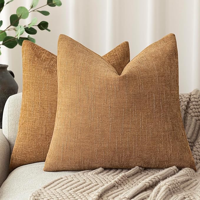 Foindtower Set of 2 Soft Textured Chenille Throw Decorative Pillow Covers Square Accent Solid Cushion Cover Neutral Farmhouse Pillow Case for Couch Sofa Bedroom Living Room 16x16 Inch,Golden Brown