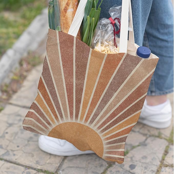 Boho Tote Bag Aesthetic, Minimalist Abstract Boho Terracotta Sun Sunshine Canvas Tote Bag for Women