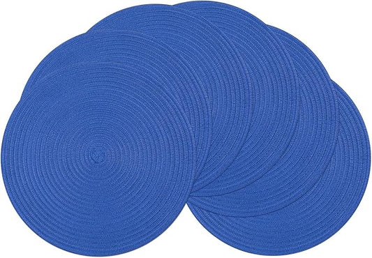 SHACOS Round Placemats Set of 6 Washable 15 inch Round Table Mats Cotton Polyester Woven Braided Place Mats for Dining Table (Blue, 6)