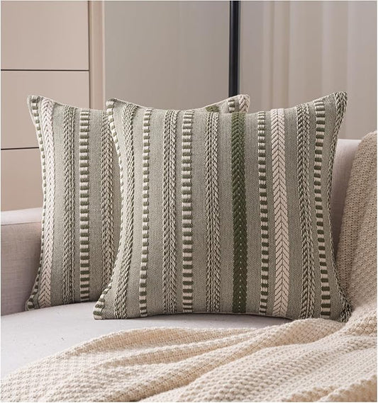 Boho Throw Pillow Covers 18x18 Inch Set of 2, Farmhouse Decorative Couch Pillow Cases, Green Accent Pillows of Bed, Sofa Bedroom Living Room Home Decor Cushion Cover