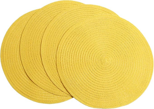 SHACOS Round Braided Placemats Set of 4 Washable Kitchen Table Place Mats Doilies Table Mats for Home Wedding Party Dining Table Decor (Yellow, 4)