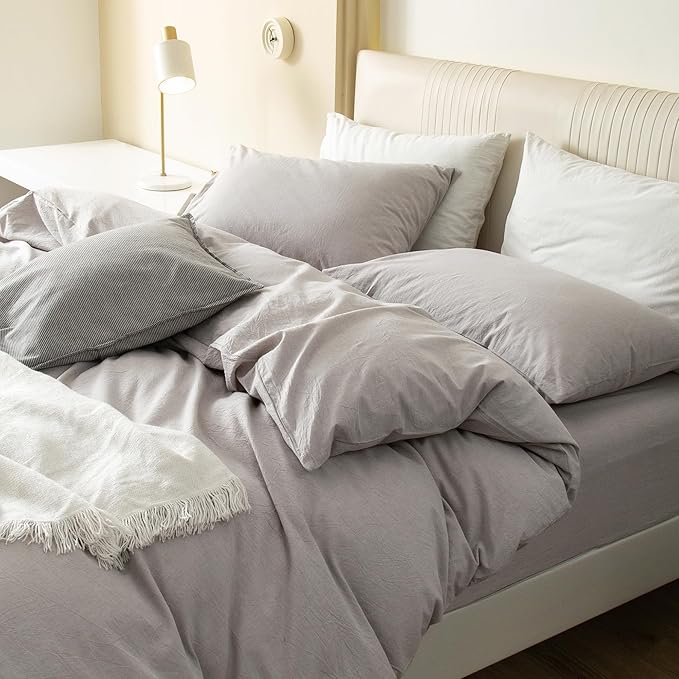JIYUAN 100% Washed Cotton Duvet Cover Set 3 Pieces Queen, 1 Duvet Cover 90x90 Inches(Comforter Not Included) and 2 Pillowcases,Linen Feel Bedding Set Comfy and Breathable, Heathered Linen