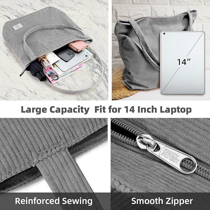 KALIDI Women Corduroy Tote Bag Zipper Casual Tote's Handbag Big Capacity Shoulder Bag with Pockets