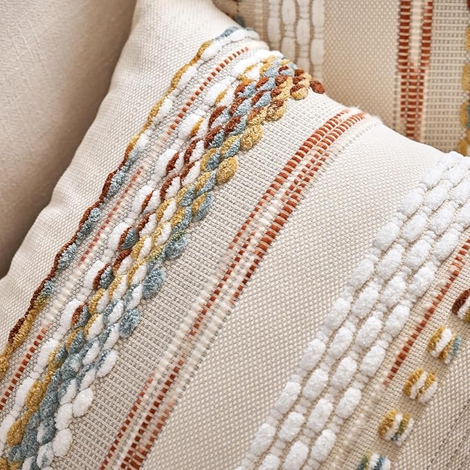 Aeckself Boho Throw Pillow Covers 18x18 Inch Set of 2, Farmhouse Decorative Striped Square Pillow Covers Chenille Tufted Pillow Cases Accent Neutral Pillowcase for Living Room Couch Bed, Orange White