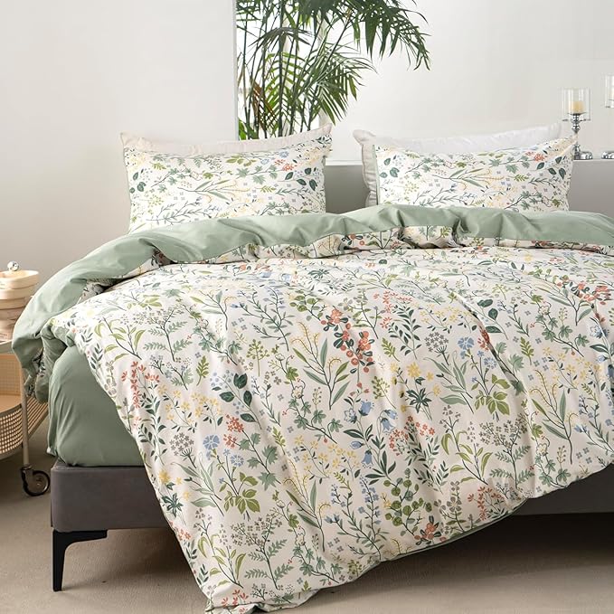 mixinni Sage Green Duvet Cover Set Queen-Exquisite Floral Queen Size Comforter Set for All Seasons, 3 Pieces, 1 Wildflower Plants Duvet Cover (90"x90") and 2 Pillow Cases (20"x26"), Sage Green