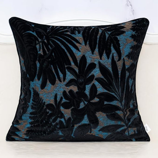 Alerfa Black Throw Pillow Cover 18x18 Inch, Square Cut Velvet Maple Leaf Embroidery Luxury Farmhosue Accent Decorative Pillow Cover for Couch Living Room Bedroom