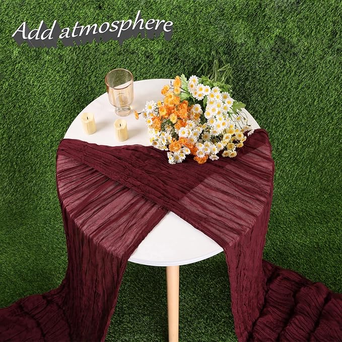 13.3FT Long Cheesecloth Table Runner Boho Table Runner Burgundy Vintage Rustic Gauze Wedding Dining Table Decorations for Holiday Birthday Party Baby Shower Event Decorations