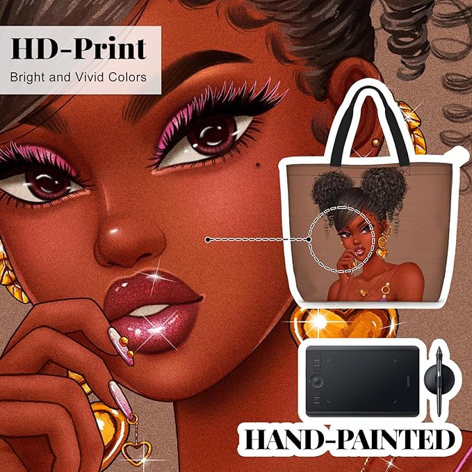 African American Women Tote Bag Black Shoulder Handbag For Women Fit Work Beach Labtops With Zip