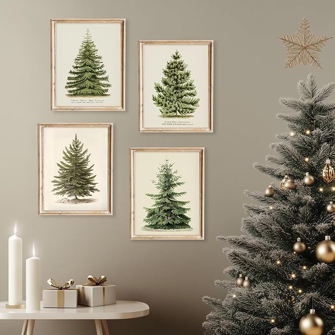 Vintage Christmas Tree Wall Art – Set of 4 Rustic Pine Tree Prints, Cozy Botanical Winter Holiday Decor, Unframed Christmas Wall Artwork for Festive Home Styling (8x10 Inch)