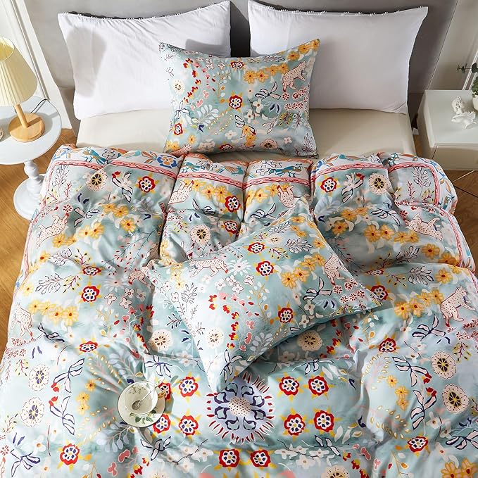 Cupocupa Duvet Cover Full Size Set Boho Floral Pattern Full Christmas Duvet Cover Set for Full Size Bed Vintage Soft Bedding Leaf Print Duvet Cover with Pillowcases