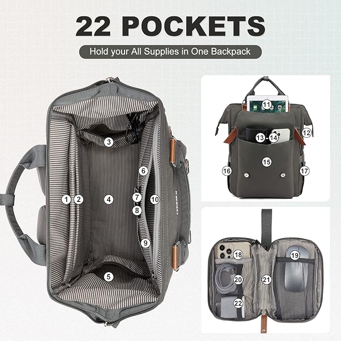 LOVEVOOK Laptop Backpack for Women Work Travel Commuter Backpack Business Computer Bag Teacher Doctor Nurse Bags College Backpack Purse Laptop Bag, 17 Inch, Dark Grey-brown