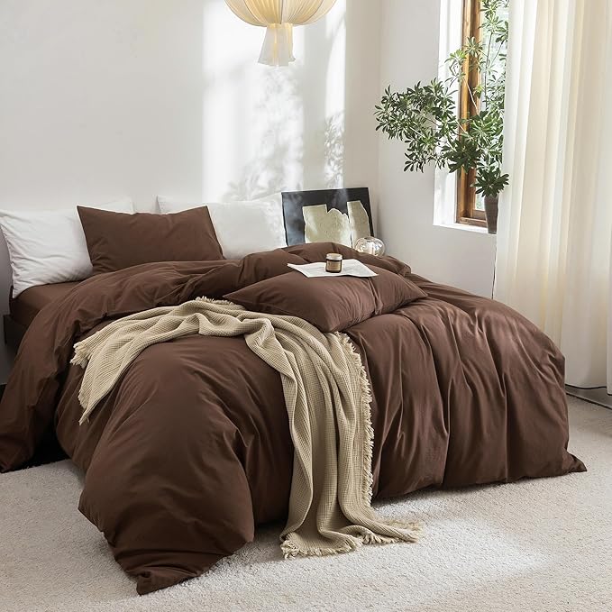 FOSSA Duvet Cover Set 100% Washed Cotton Linen Feel Super Soft Breathable Cozy 3 Pieces Bedding Sets Solid Cocoa Brown Super King
