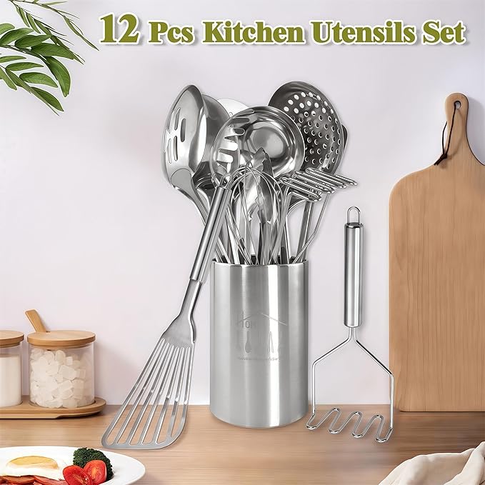 Stainless Steel Kitchen Utensils Set - 12pcs Cooking Utensils Set with Holder, Heat Resistant Kitchen Tool Set for Cooking with Turners, Potato Masher, Spatula, Spoons, Tongs, Whisk