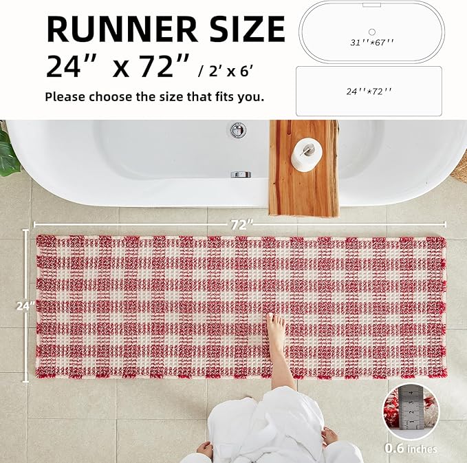 Waffle Runner Rug Bathroom, Long Boho Bathroom Rugs Non Slip Washable Absorbent Checkered Bathroom Mat Quick Dry Cute Bath Mat, 72"x24" Red and White