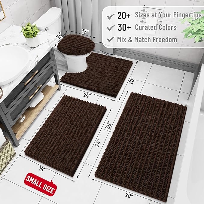 Arotive Luxury Chenille Bathroom Rug Mat, Extra Soft Thick Absorbent Shaggy Bath Rugs, Non-Slip Machine Wash Dry, Plush Bath Mats for Bathroom, Shower and Tub, 60x24, Brown