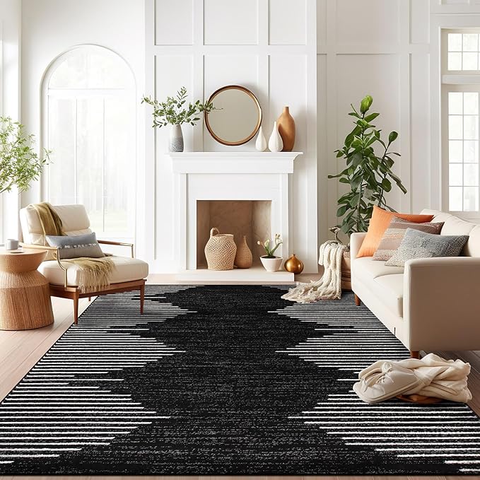 Rugshop Bohemian Stripe Stain Resistant High Traffic Living Room Kitchen Bedroom Dining Home Office Area Rug 10' x 14' Black