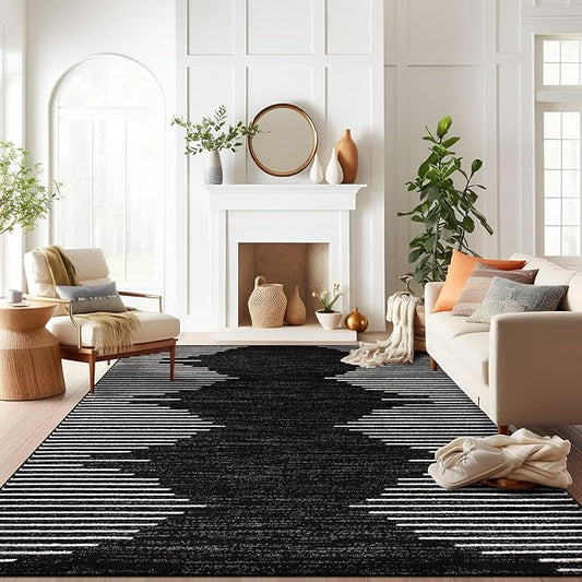 Rugshop Bohemian Stripe Stain Resistant High Traffic Living Room Kitchen Bedroom Dining Home Office Area Rug 10' x 14' Black