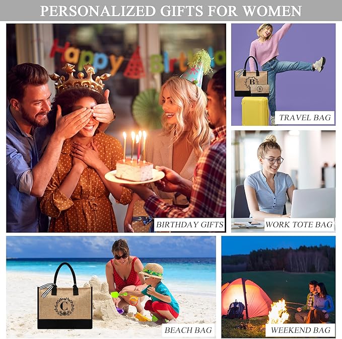 BeeGreen Embroidery Monogram Initial Tote Bag for Women Teacher Mom Friend Personalized Gift for Birthday Beach Work Wedding