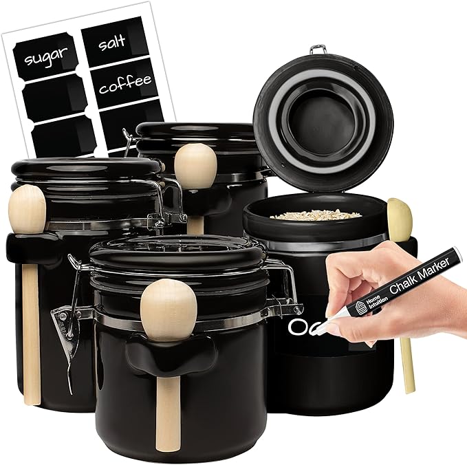 Home Intuition 4-Piece Ceramic Kitchen Canisters Set, Airtight Containers with Wooden Spoons Reusable Chalk Labels and Marker for Sugar, Coffee, Flour, Tea (Black)