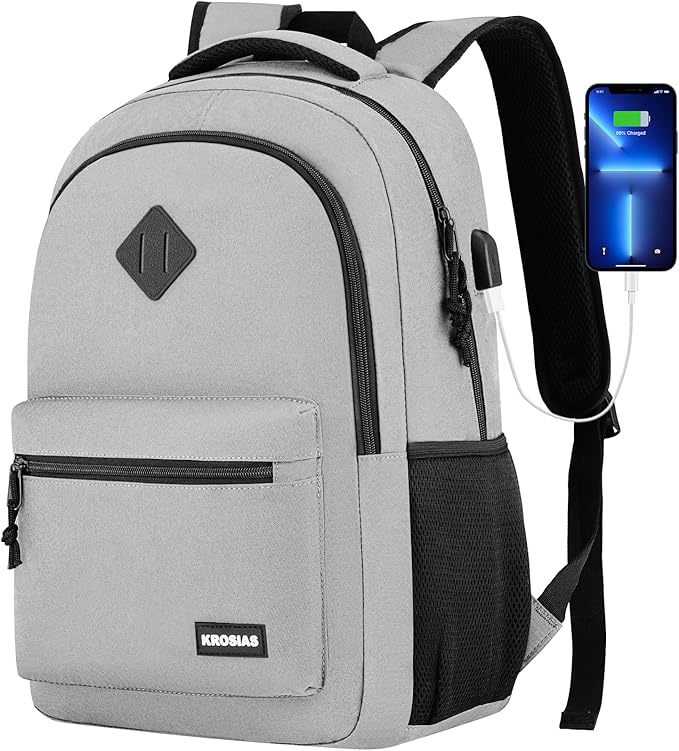 Backpack for Men and Women, School Backpack Teens Boys and Girls 17.3 Inch Laptop Bookbag with USB Charger for High School College Work Travel Business (Gray)