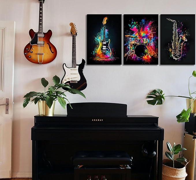 3pcs Musical Instrument Graffiti Canvas Wall Art Pop Music Instrument Style Wall Decor Pictures Rock Electric Guitar Jazz Drum Posters Prints for Teenagers Living Room Bedroom Home Decoration Framed