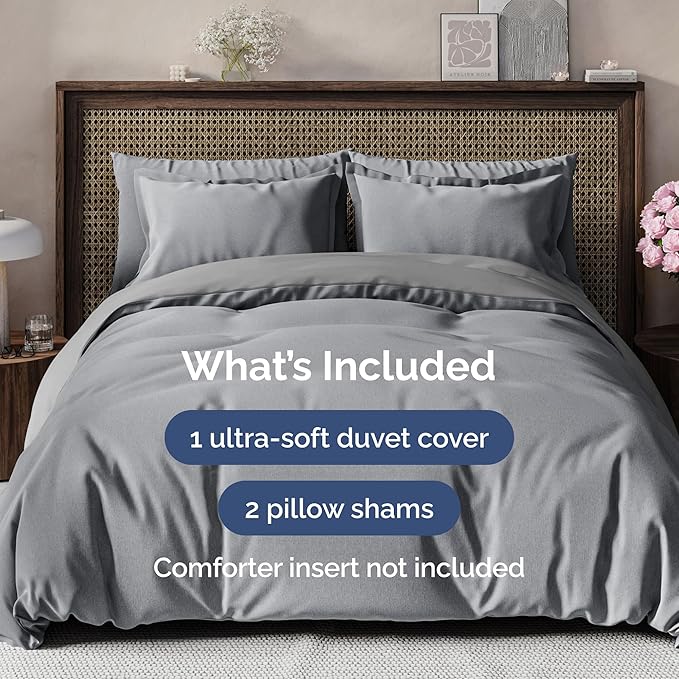 Duvet Cover Full Size Set - Extra Soft Full Size Duvet Cover 80 x 90 with 2 Pillow Shams - Hotel Luxury Easy Care & Fade Free w/Zipper Closures & Ties - Comfy Breathable Bedding Set (Heathered Grey)
