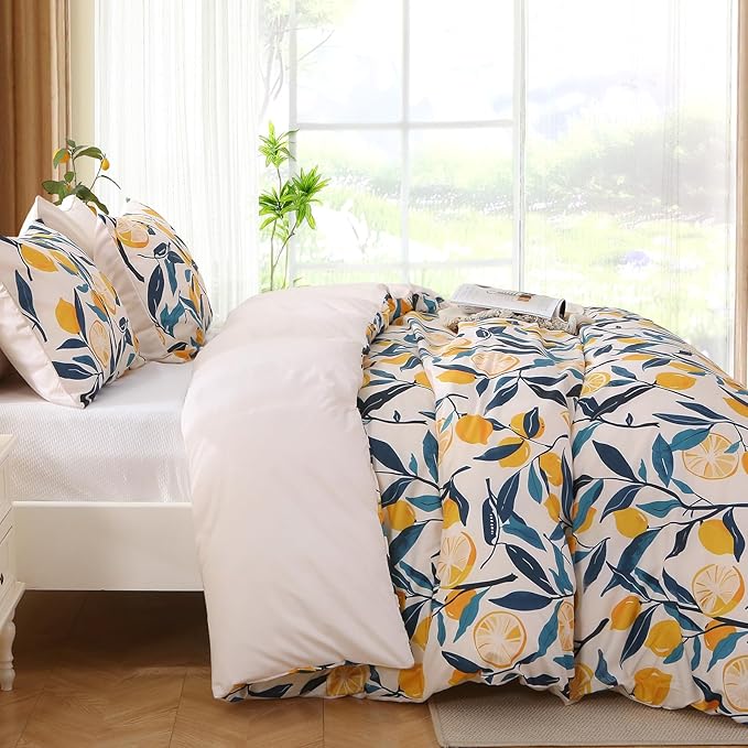 MUXHOMO Duvet Cover Queen Size, Reversible Floral Vintage Duvet Cover Set with Zipper Closure, 3 Pieces Botanical Patterns Soft Microfiber Bedding Set (90"x90", 2 Pillow Cases, Lemon Flower Green)