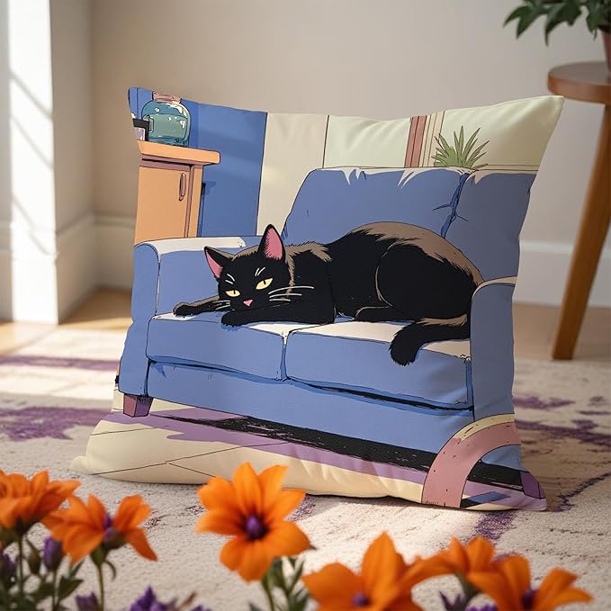 Vintage Black Cat Pillow Covers 18x18, Cats Lovers Lady Gifts, Cat Mom Grandma Gifts, Japanese Anime Black Cats Decorative Pillow Covers for Home Bedroom Living Room Office Decor
