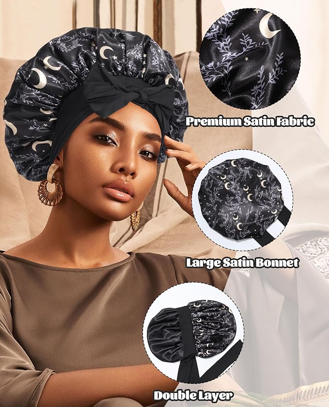 Satin Bonnet Silk Bonnet for Sleeping Silk Sleep Cap Double Layer Hair Bonnet with Elastic Tie Band for Curly Hair Night Cap (Black stars and moon+Black)
