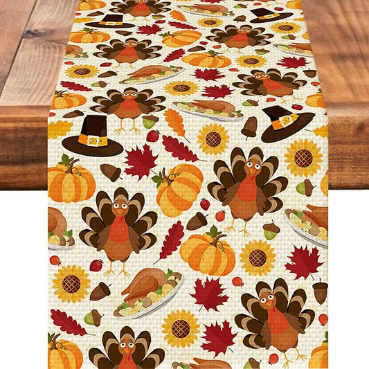 Turkey Burlap Table Runner Seasonal Spring Fall Kitchen Dining Linen Table Decoration for Indoor Outdoor Home Party Dinner 13x72 Inch