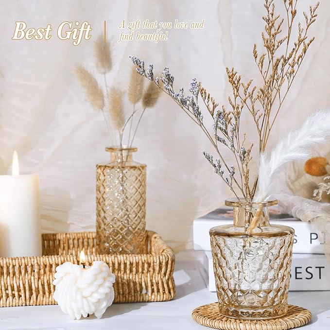 Amber Glass Bud Vases Set of 12, Gold Mini Flower Vase for Centerpieces, Small Vases in Bulk for Wedding Decorations, Vintage Vase for Table, Recepetion, Home Décor