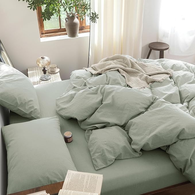 FOSSA Duvet Cover Set 100% Washed Cotton Linen Feel Super Soft Breathable Cozy 3 Pieces Bedding Sets Solid Sage Green Super King