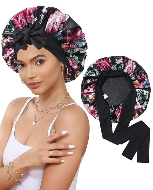 Satin Bonnet Silk Bonnet for Sleeping Silk Sleep Cap Double Layer Hair Bonnet with Elastic Tie Band for Curly Hair Night Cap(Black(Flower))