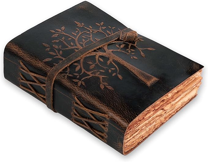 LEATHER VILLAGE Tree of Life Journal - 6 X 4 (A6) inches - Rustic Brown - 200 Antique Deckle Edge Handmade Paper – Book of Shadows - Vintage Leather Bound Journal for Women & Men