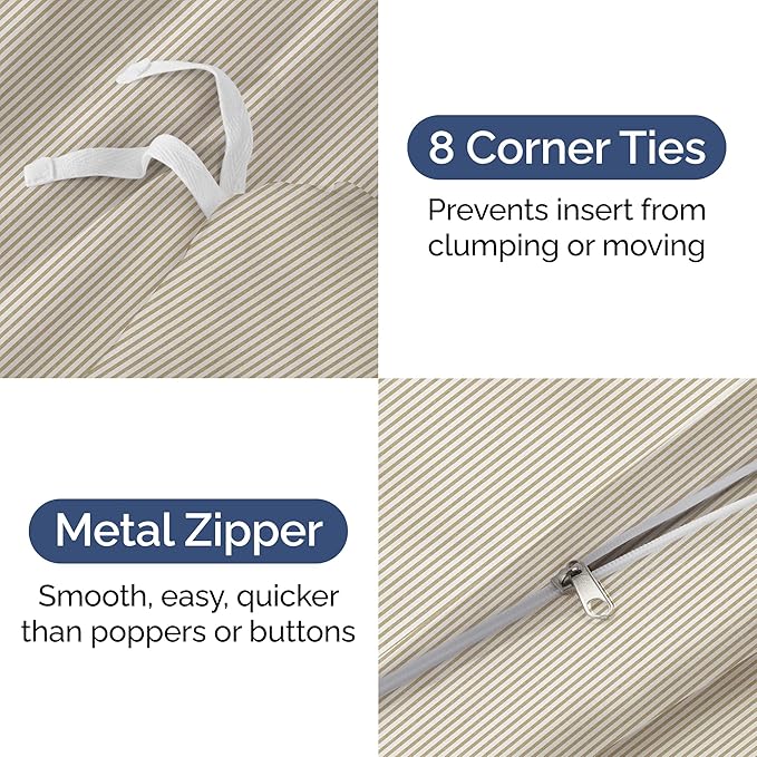 Duvet Cover Queen Size Set - Extra Soft Queen Size Duvet Cover 90 x 90 with 2 Pillow Shams - Hotel Luxury Easy Care & Fade Free w/Zipper Closures & Ties - Comfy Breathable Bedding Set (Beige Stripes)