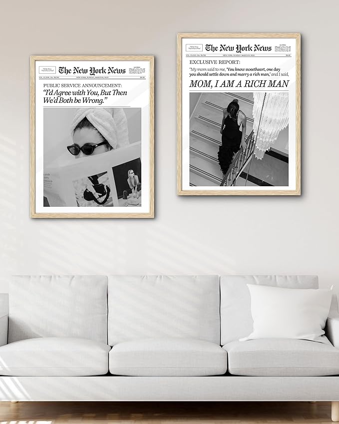 EcoHest Trendy Newspaper Framed Wall Art, Large 16x20 in OAK Wood Mom I Am a Rich Man Canvas Art, Magazine Girly Poster College Dorm Decor, Beige Logs Set of 1 for Bedroom Living Room