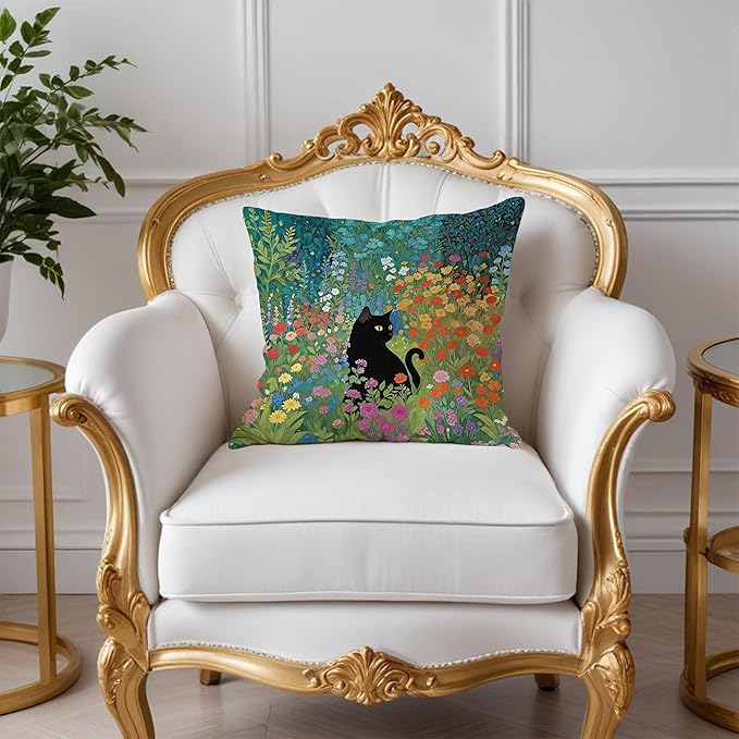 Floral Black Cat Pillow Covers 18x18, Cats Lovers Lady Gifts, Cat Mom Grandma Gifts, Cats in Colorful Wildflower Decorative Pillow Covers for Home Bedroom Living Room Office Decor