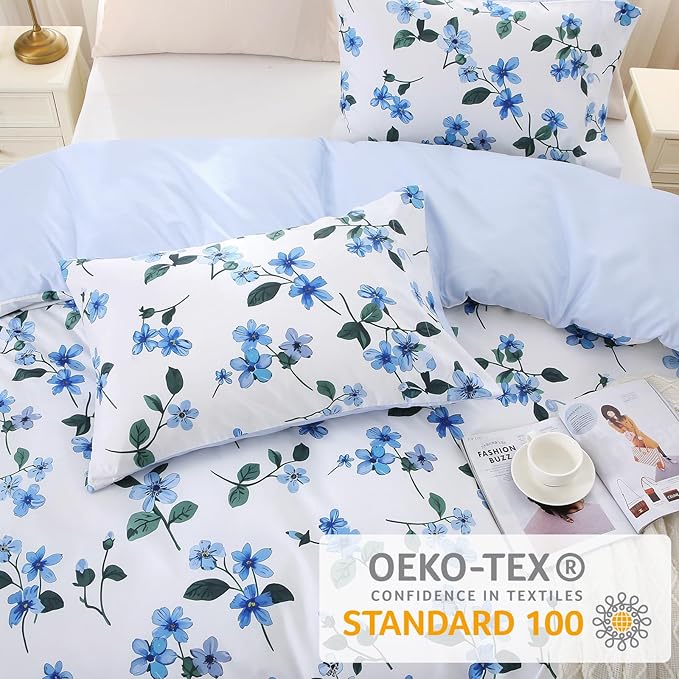 MUXHOMO Duvet Cover Queen Size, Reversible Vintage Floral Duvet Cover Set with Zipper Closure, 3 Pieces Botanical Patterns Soft Microfiber Bedding Set (90"x90", 2 Pillow Cases, Large Blue Flower)