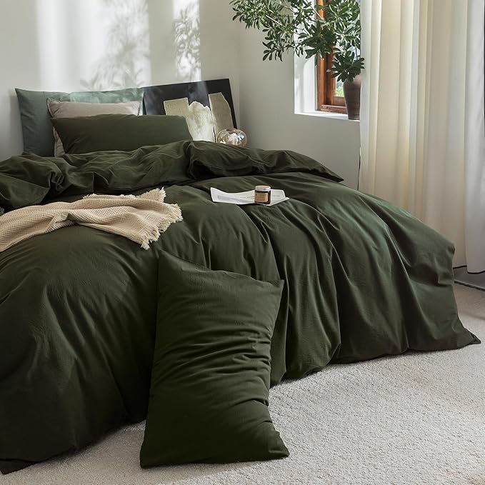FOSSA Duvet Cover Set 100% Washed Cotton Linen Feel Super Soft Breathable Cozy 3 Pieces Bedding Sets Solid Olive Green Oversized Queen