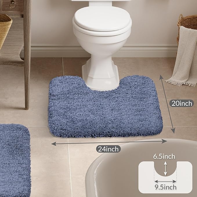 Walensee Contour Rug (20x24, Blue) Non Slip Bath Mat for Bathroom Water Absorbent Soft Microfiber Shaggy Mat Machine Washable U Shape Toilet Rug