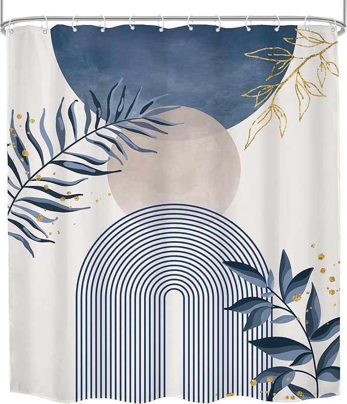 Blue Gray Boho Shower Curtain 72Wx84H Extra Long Dusty Blue Modern Bohemian Abstract Gold Leaf Mid Century Plant Bathroom Decor Minimalist Geometric Bath Curtain Fabric Polyester 12 Pack Hooks