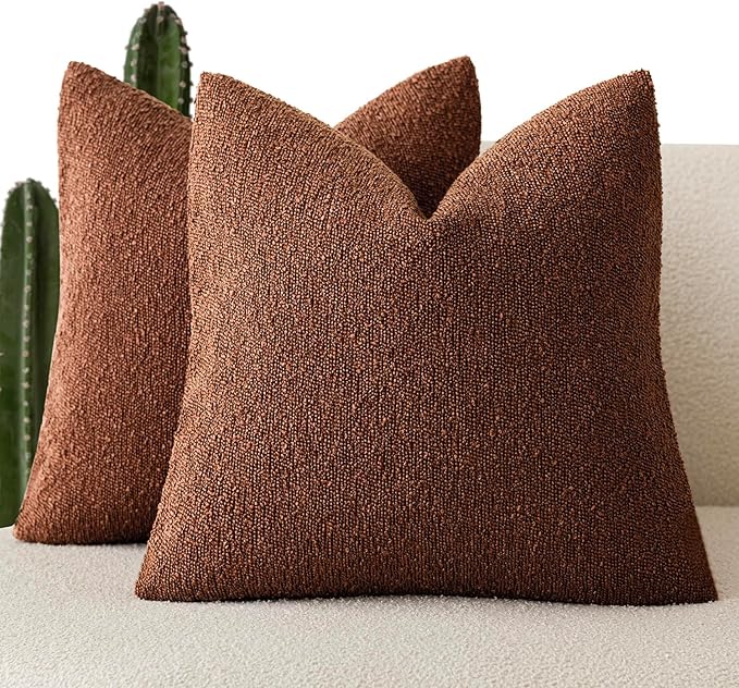 Foindtower Set of 2, Decorative Textured Boucle Throw Pillow Covers Accent Solid Pillow Cases Neutral Soft Cozy Couch Cushion Case for Chair Sofa Bedroom Living Room Home Decor 24x24 Inch Red Taupe