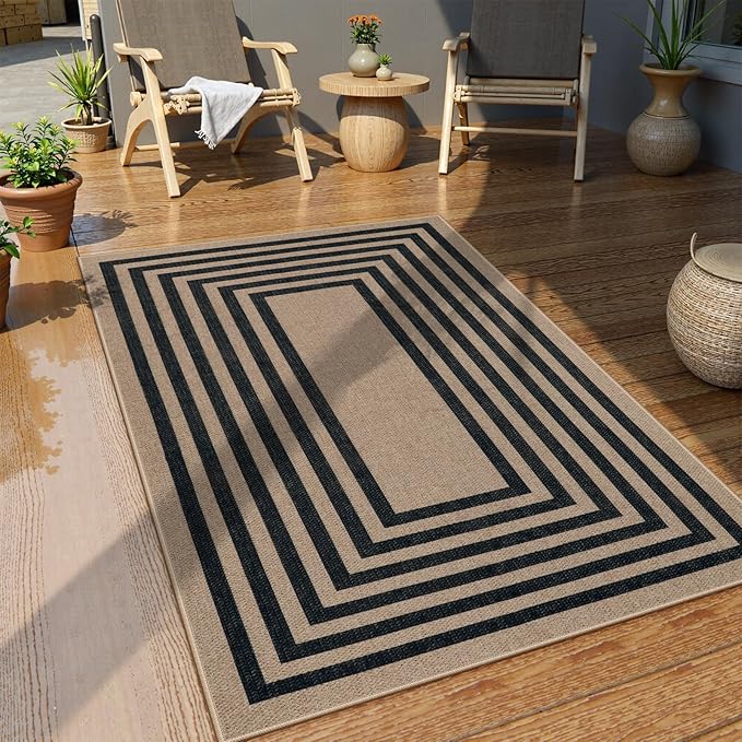 Lahome Modern Geometric Easy Jute Outdoor Rug, 3x5 Black Washable Kitchen Rugs for Bedroom Thin Non Slip Indoor Door Mat, Non Slip Farmhouse Carpet for Office Patio