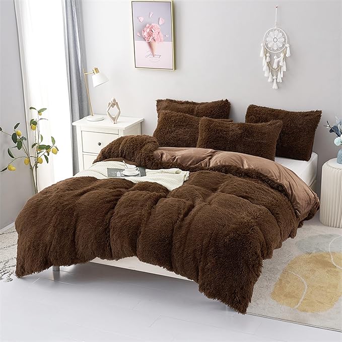 MorroMorn 5 PCS Shaggy Duvet Cover Bedding Set - Fluffy Comforter Cover Long Faux Fur Luxury Ultra Soft Cozy (Brown, King/California King)