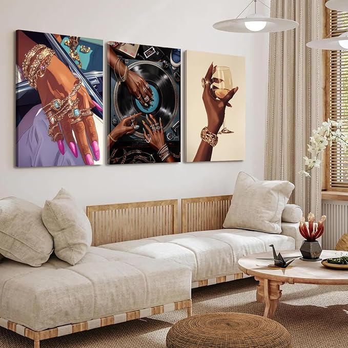 YFvrPt Black Woman Wall Art Set of 3, Trendy African American Women Wall Decor Black Girl Song Lover Canvas Poster Prints Aesthetic Pictures for Bedroom Living Room Framed 16x24 inch